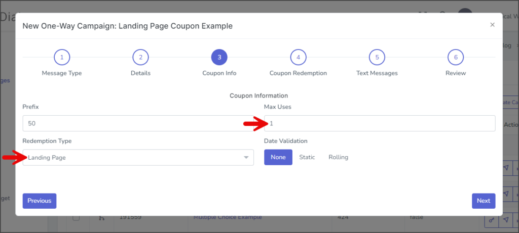 Landing Page Coupon - Enter Max Uses and Redemption Type