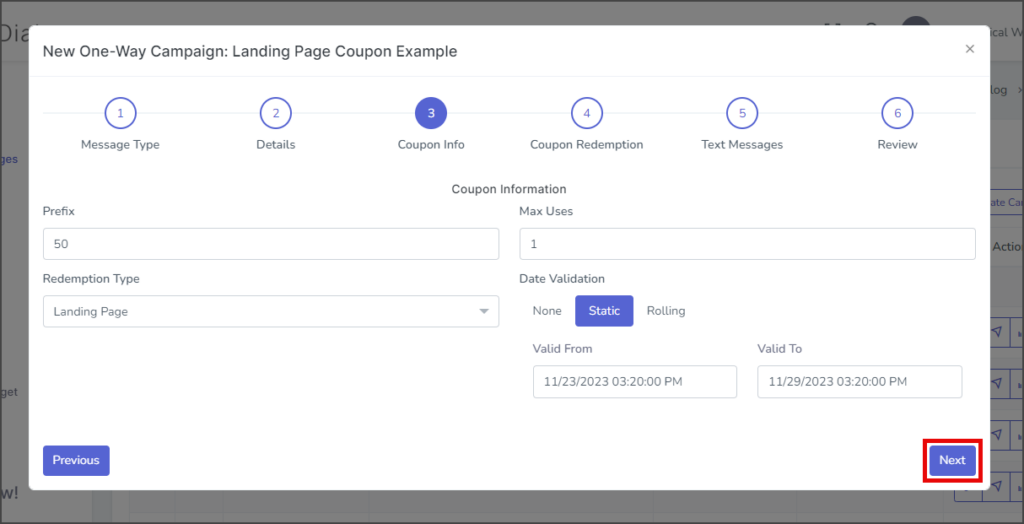 Landing Page Coupon - Click Next