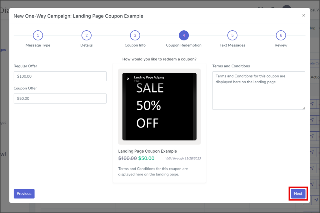 Landing Page Coupon - Click Next