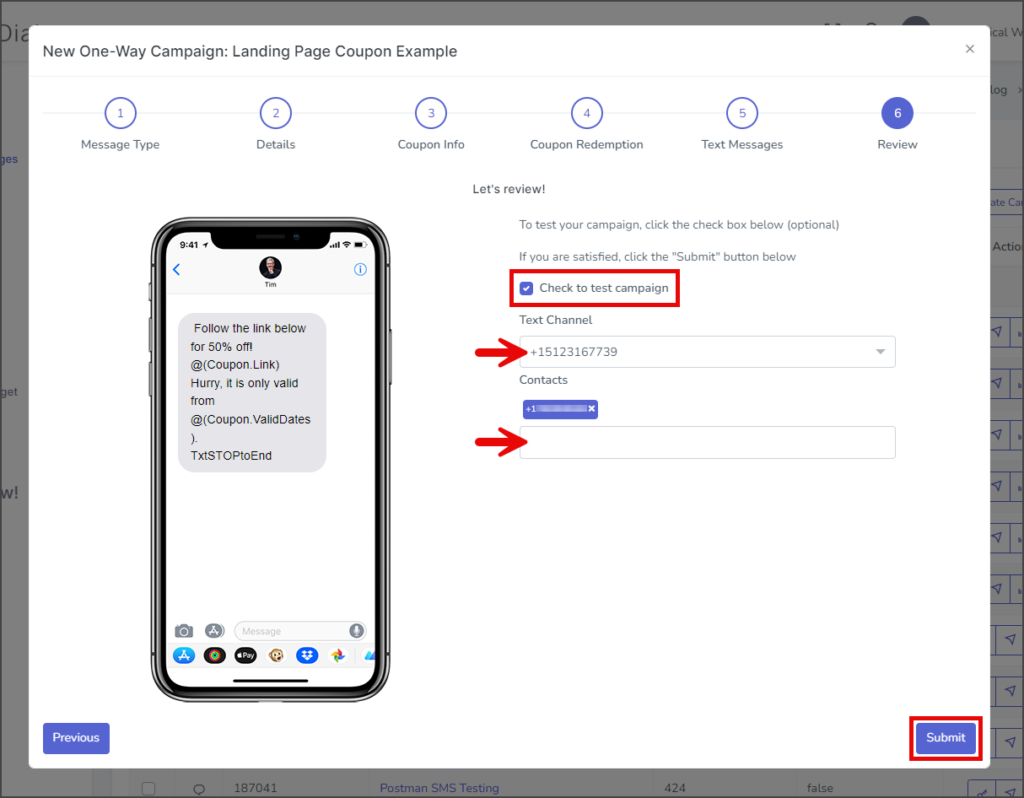 Landing Page Coupon - Send Test Campaign
