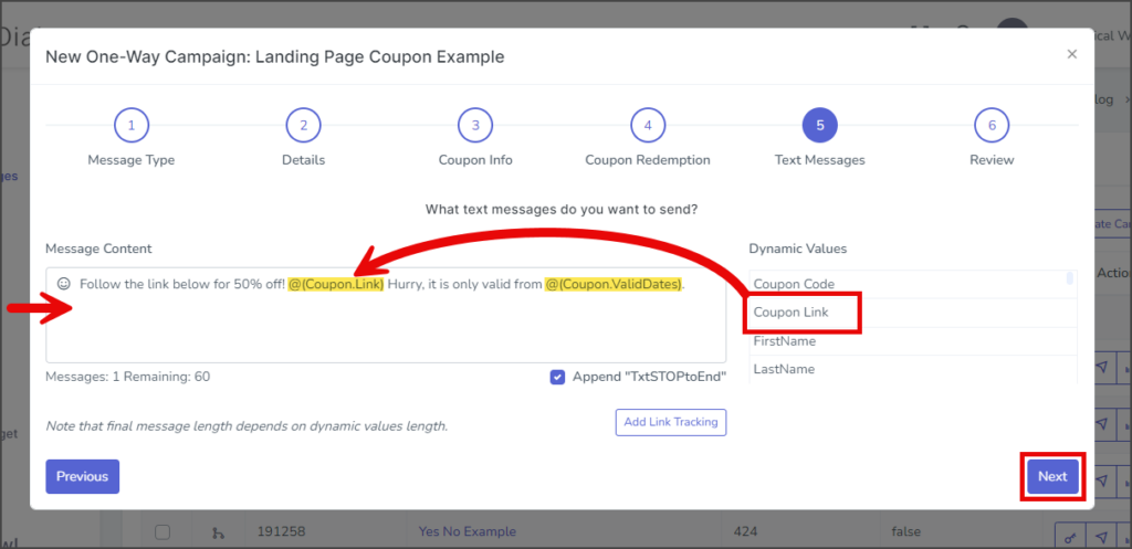 Landing Page Coupon - Text Message Page