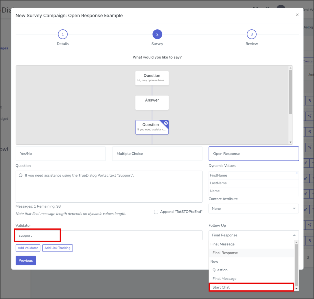 Survey - Add Validator and Start Chat