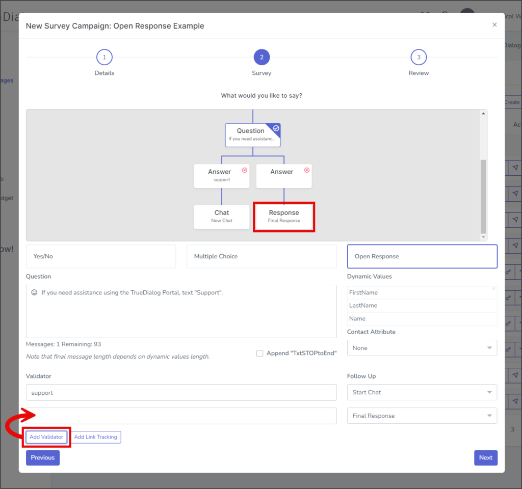 Survey - Add Validator and Click Response