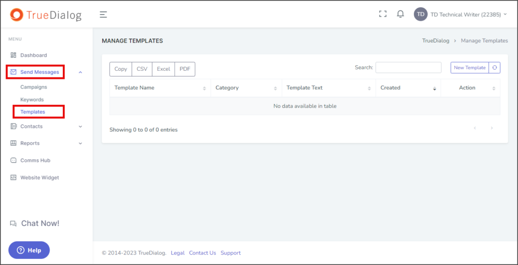 Navigate to Manage Templates Page