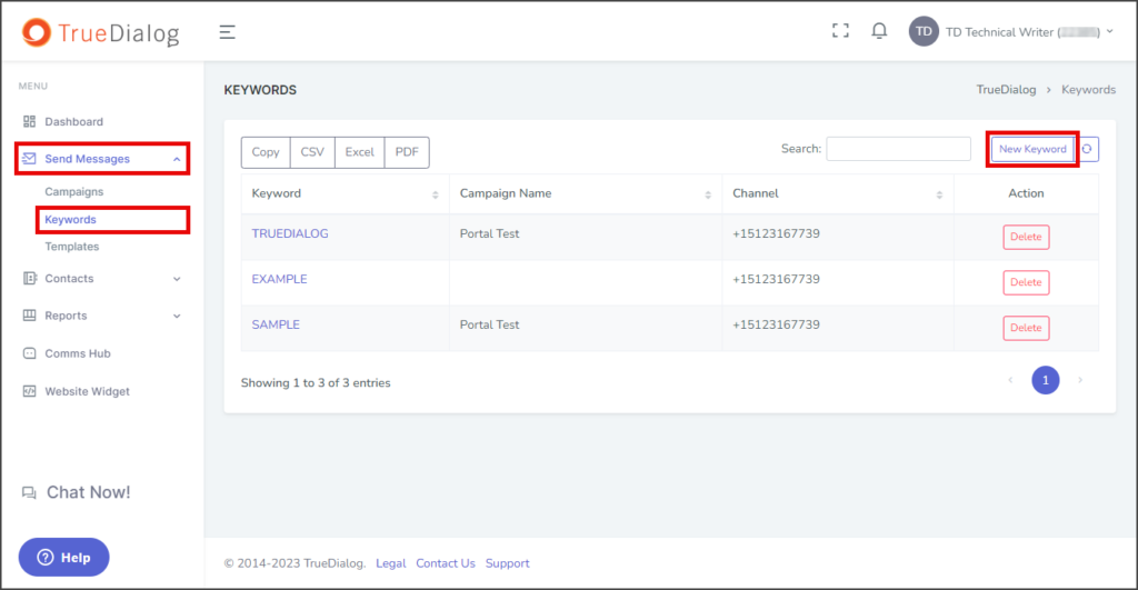 Navigate to Keywords Page