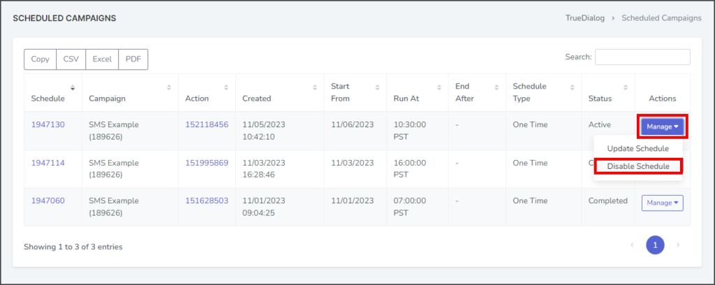 Click Manage Disable Schedule