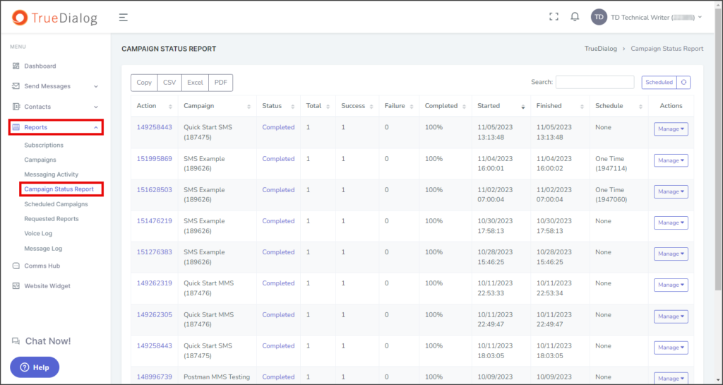 Navigate to Campaign Status Report Page