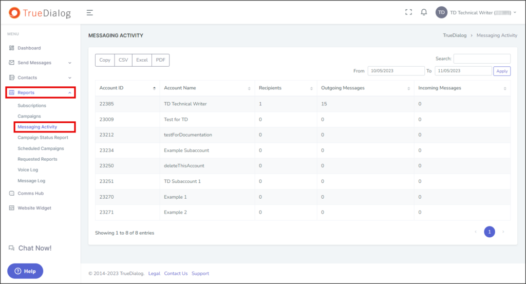 Navigate to Messaging Activity Page