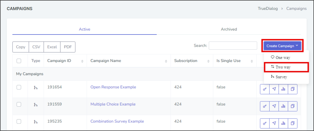 Click Create Campaign - Two way