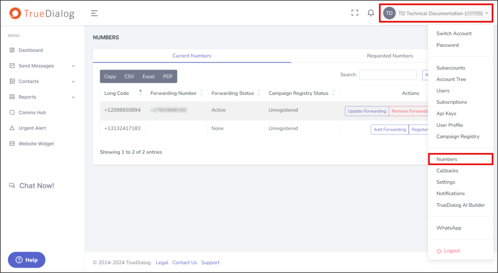Navigate to Numbers Page