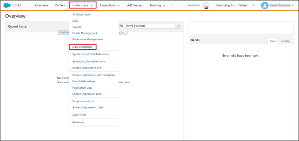 Click Subscribers -> Data Extensions” class=”wp-image-2029″></a></figure></li>



<li>Enter <strong><em>TrueDialog</em></strong> in the search box on the <strong>Data Extensions</strong> page to filter the results.</li>



<li>Click the message log you want to sort.<figure class=