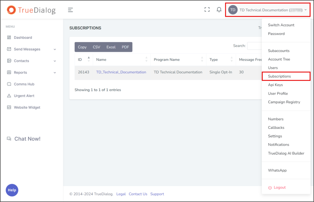 Navigate to Subscriptions Page