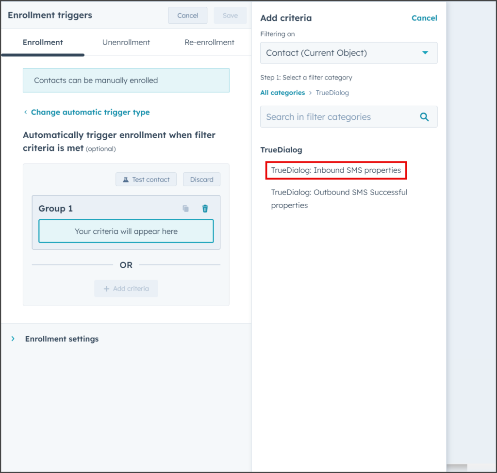 Select TrueDialog: Inbound SMS properties