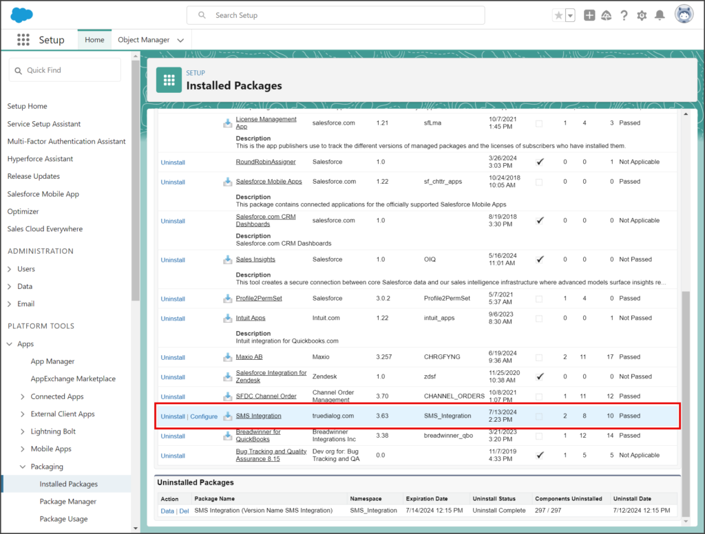 SMS Integration Package Installed