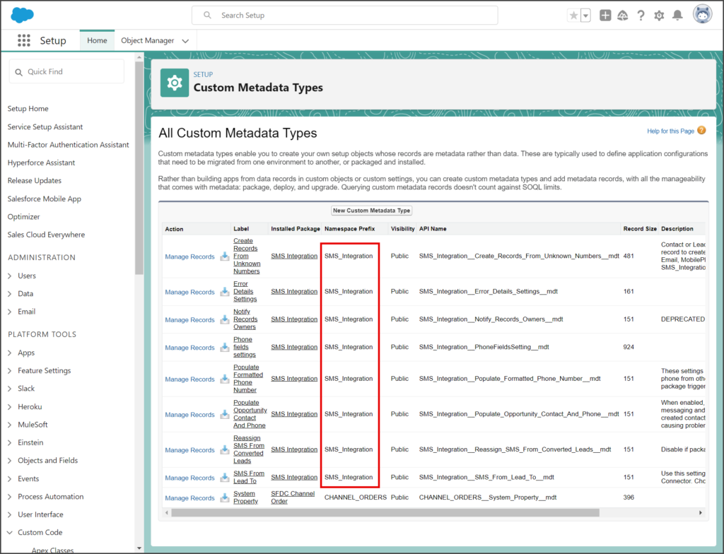 SMS_Integration Custom Metadata Types