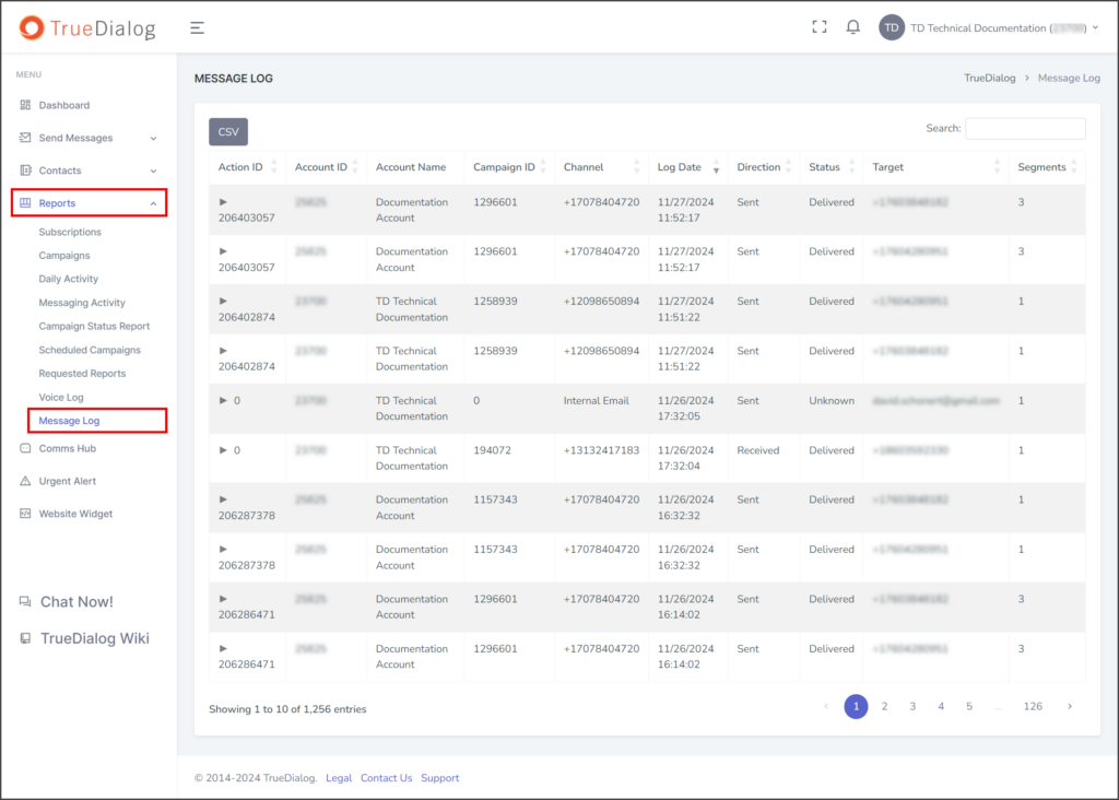 Navigate to Message Log Page