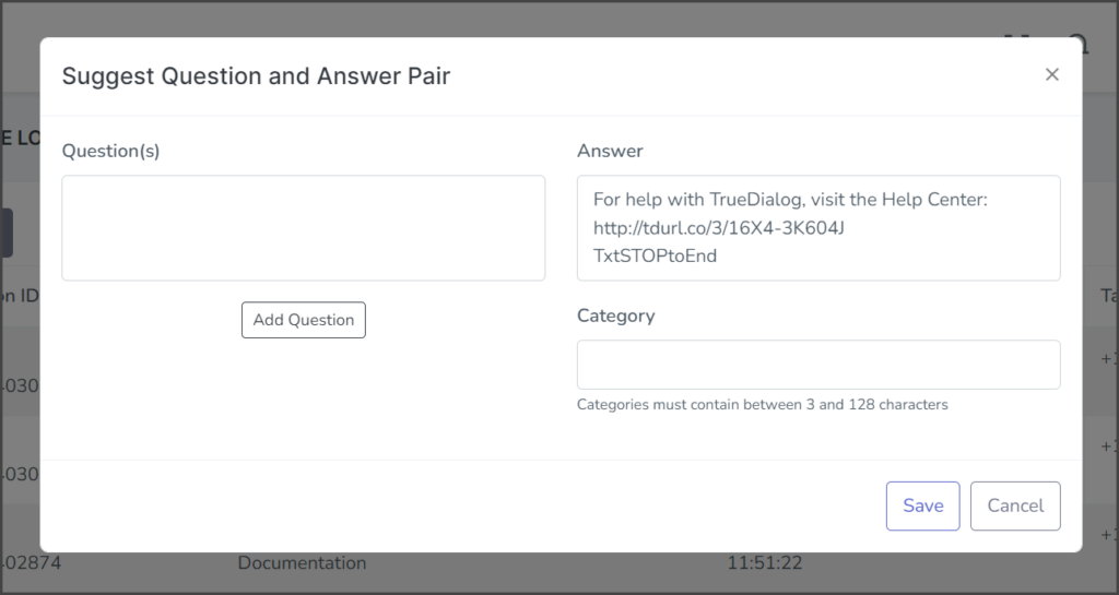 Suggest Question and Answer Pair Window