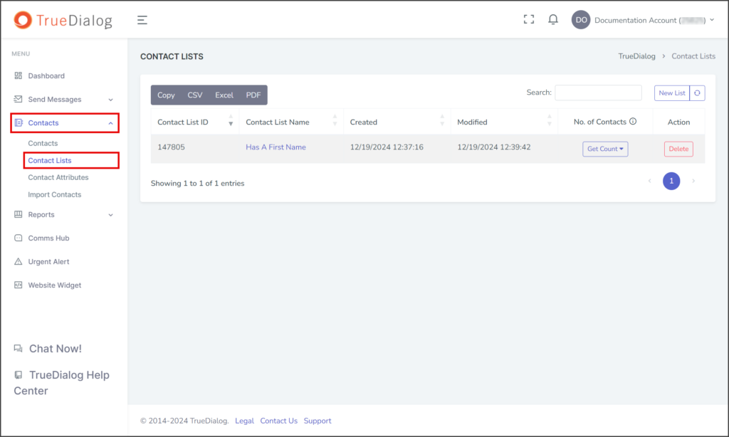 Navigate to Contact Lists Page
