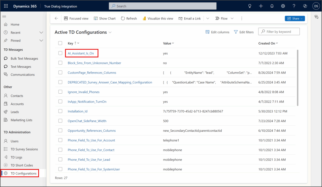 Click a Configuration Key